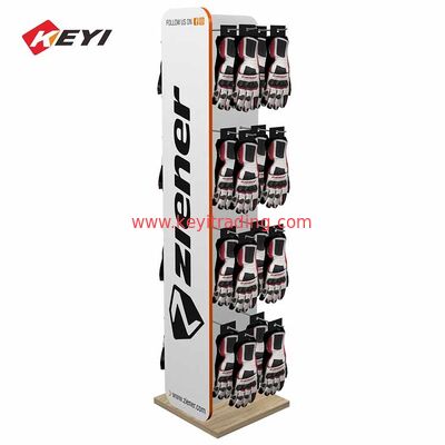 Wooden Double Sided Floor Stand Motorbike Glove Display Rack With Hooks