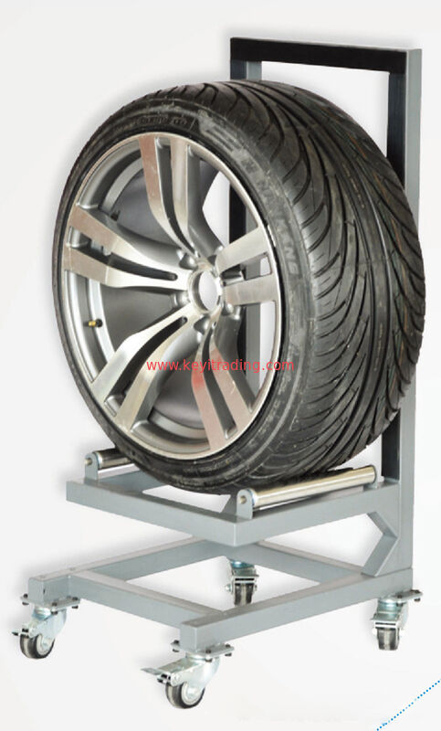 Modern Black Metal Tire Display Rack with Adjustable Height Wheels and Sturdy Design